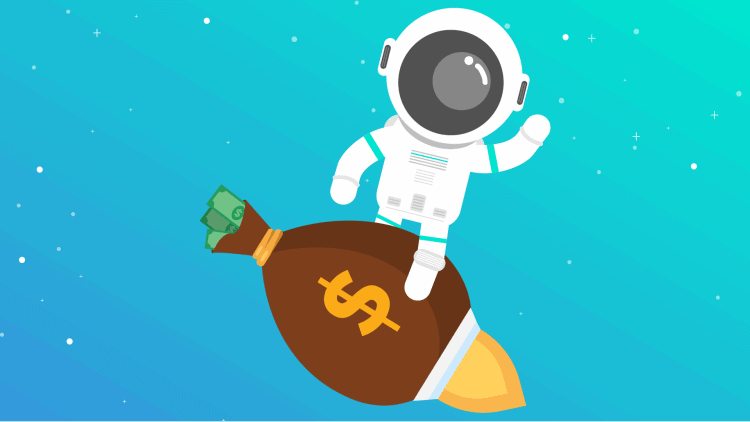 morningscore spaceman riding moneybag rocket