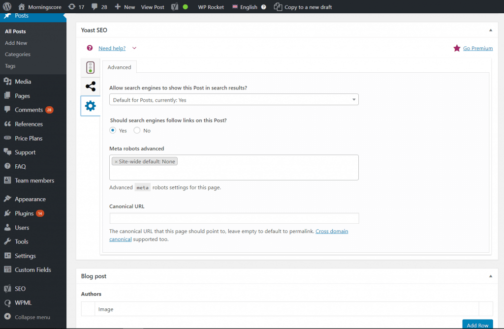 Using Yoast SEO's advanced settings to ensure search engine visibility and check if the WP post is indexable