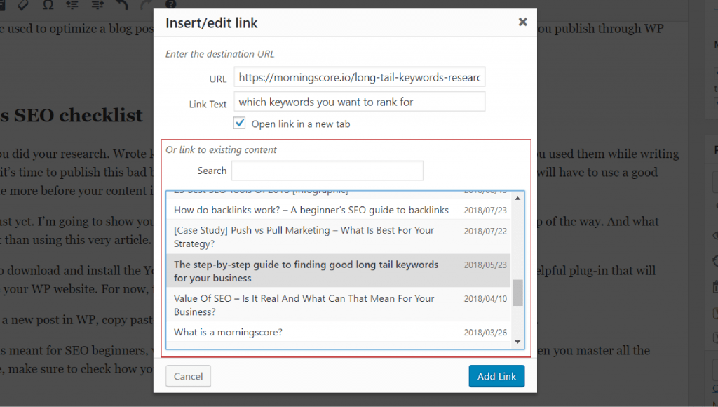 Internal linking example for WordPress SEO