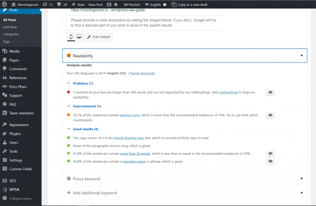 Yoast SEO's readability report used for SEO of a WordPress post