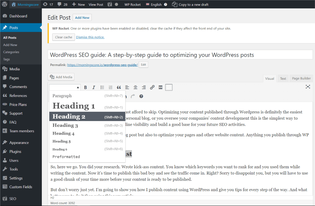 SEO of a WordPress post by use of headings that provide structure