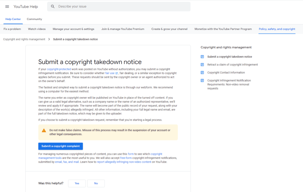 Submiting a copyright complaint and starting a YouTube video takedown for duplicate content