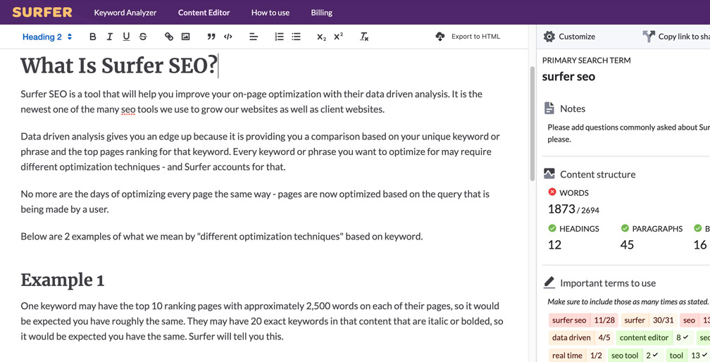 Surfer SEO metrics tool