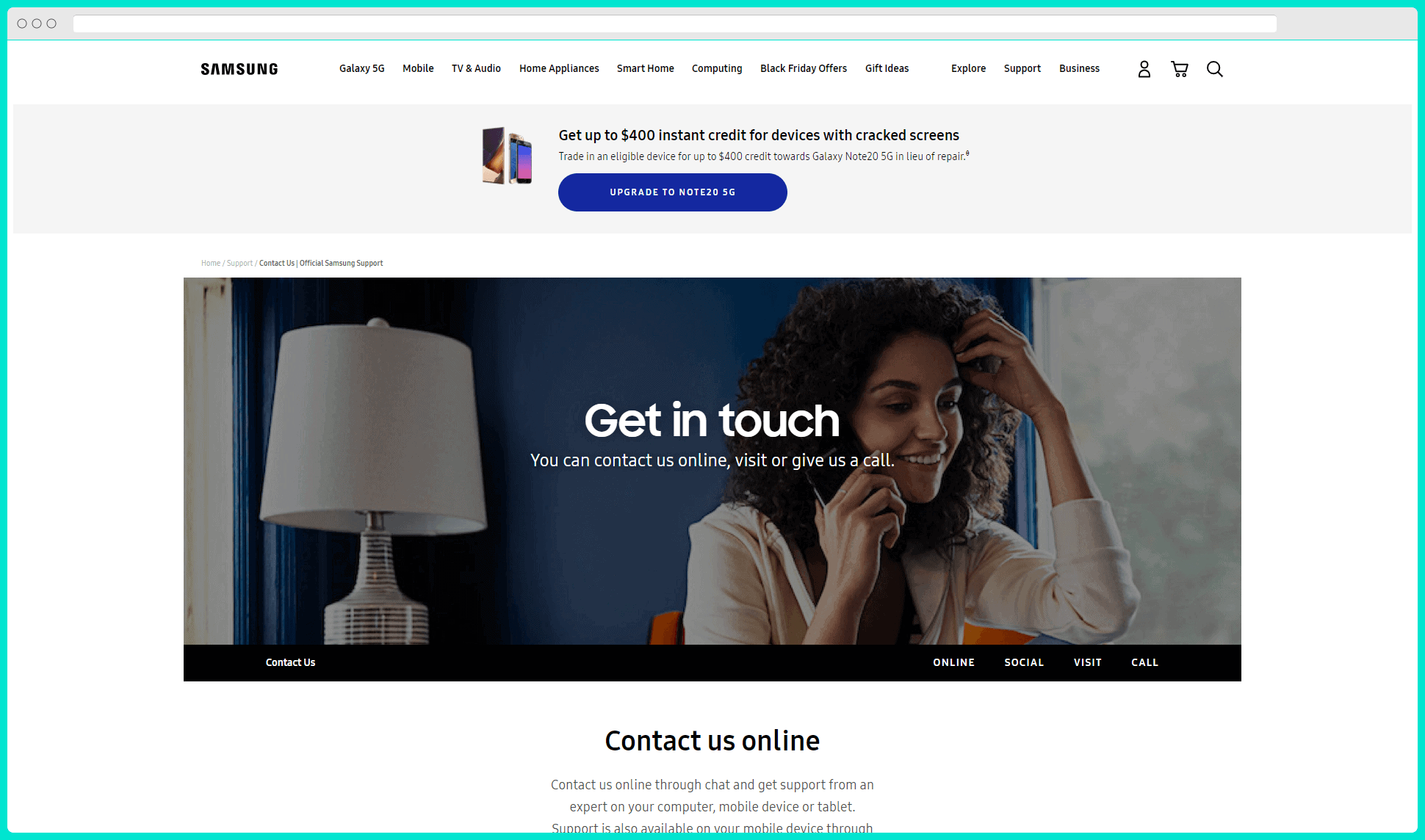 samsung contact page seo example above the fold