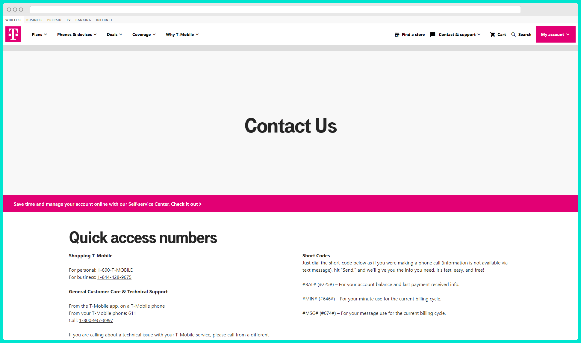 t-mobile contact page seo example above the fold CTA and info