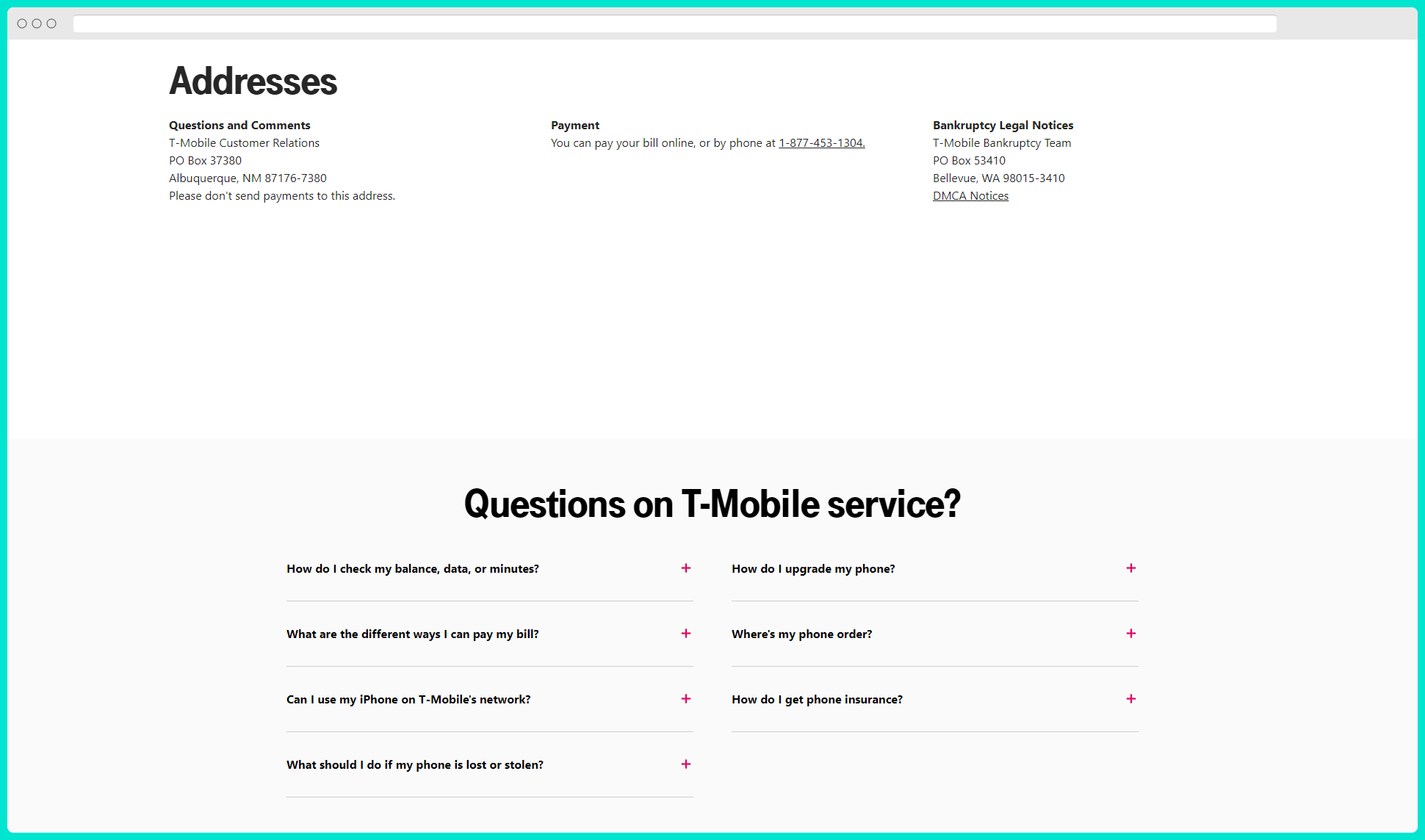 t-mobile contact page seo example address and frequently asked questions