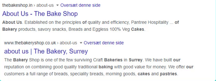 Two examples of Title tags and meta descriptions for About us pages. The first one is autogenerated by Google and the second is optimized for search engines