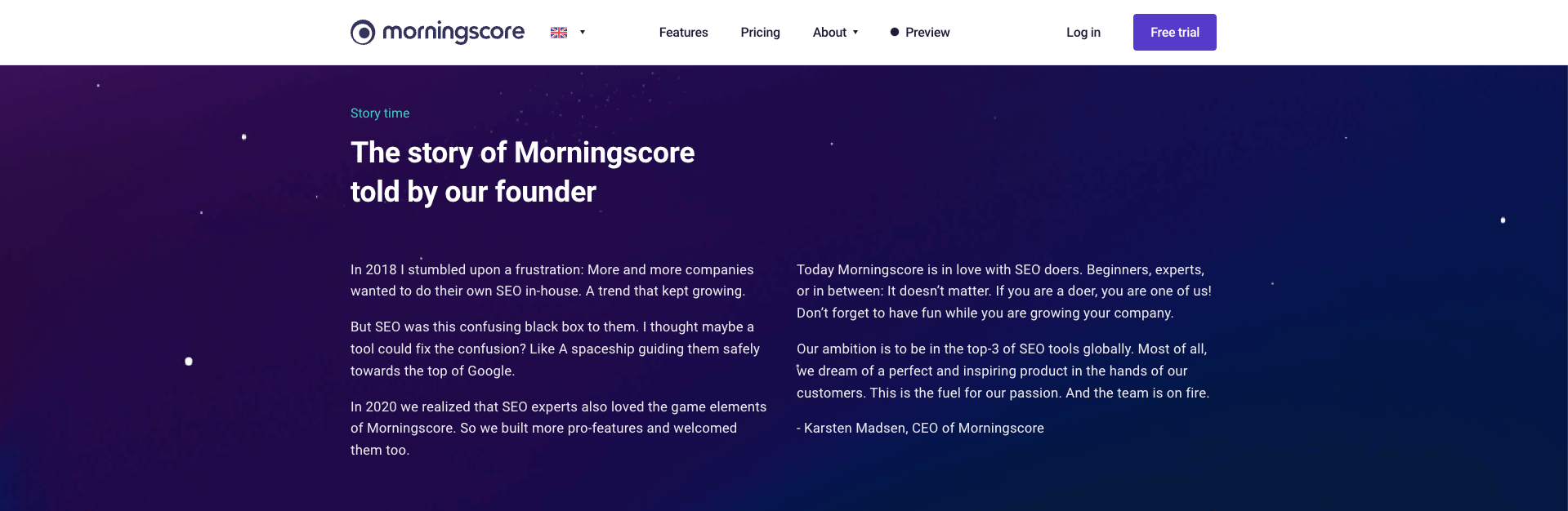 The history of Morningscore on the about page