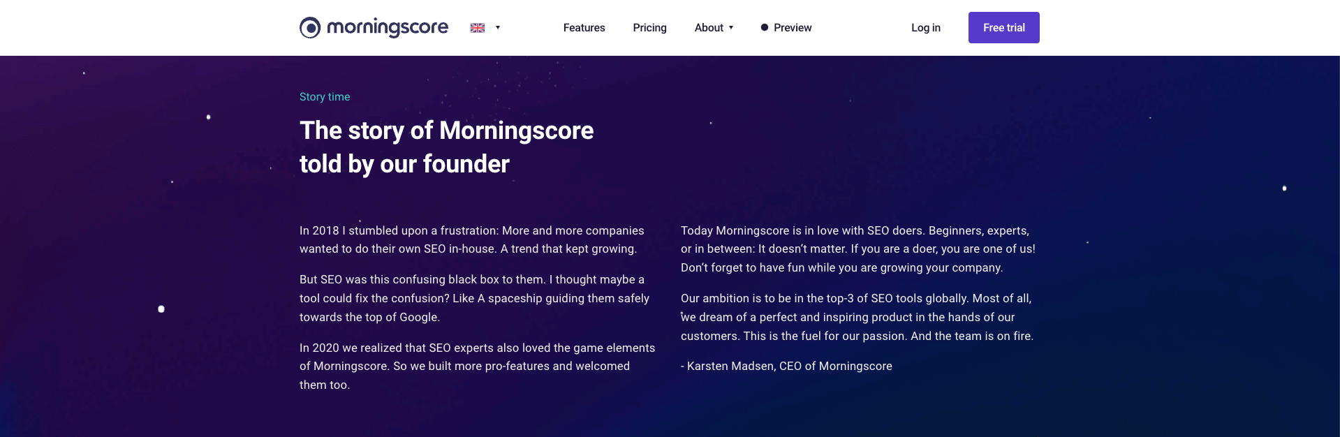 Die Geschichte von Morningscore auf der About-Seite