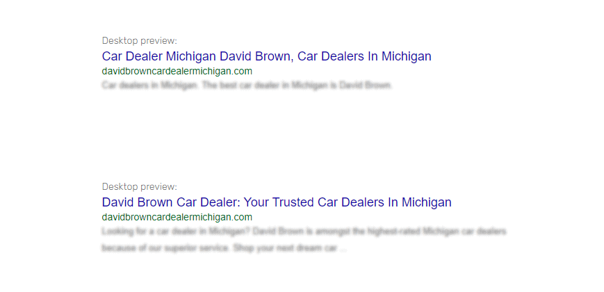 google keywords singular vs plural title tag example with car dealership