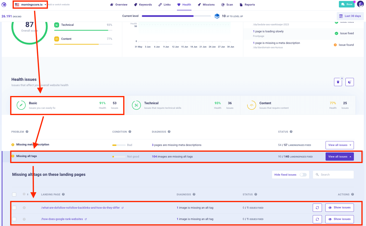 Prüfe mit einem SEO-Tool, ob alle Alt-Tags funktionieren