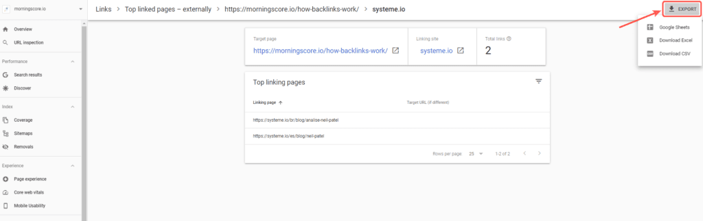 analyser dine backlinks ved at klikke på eksport