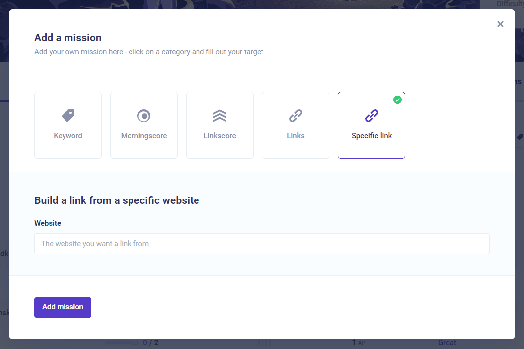 Add a linkbuilding mission - Morningscore SEO tool