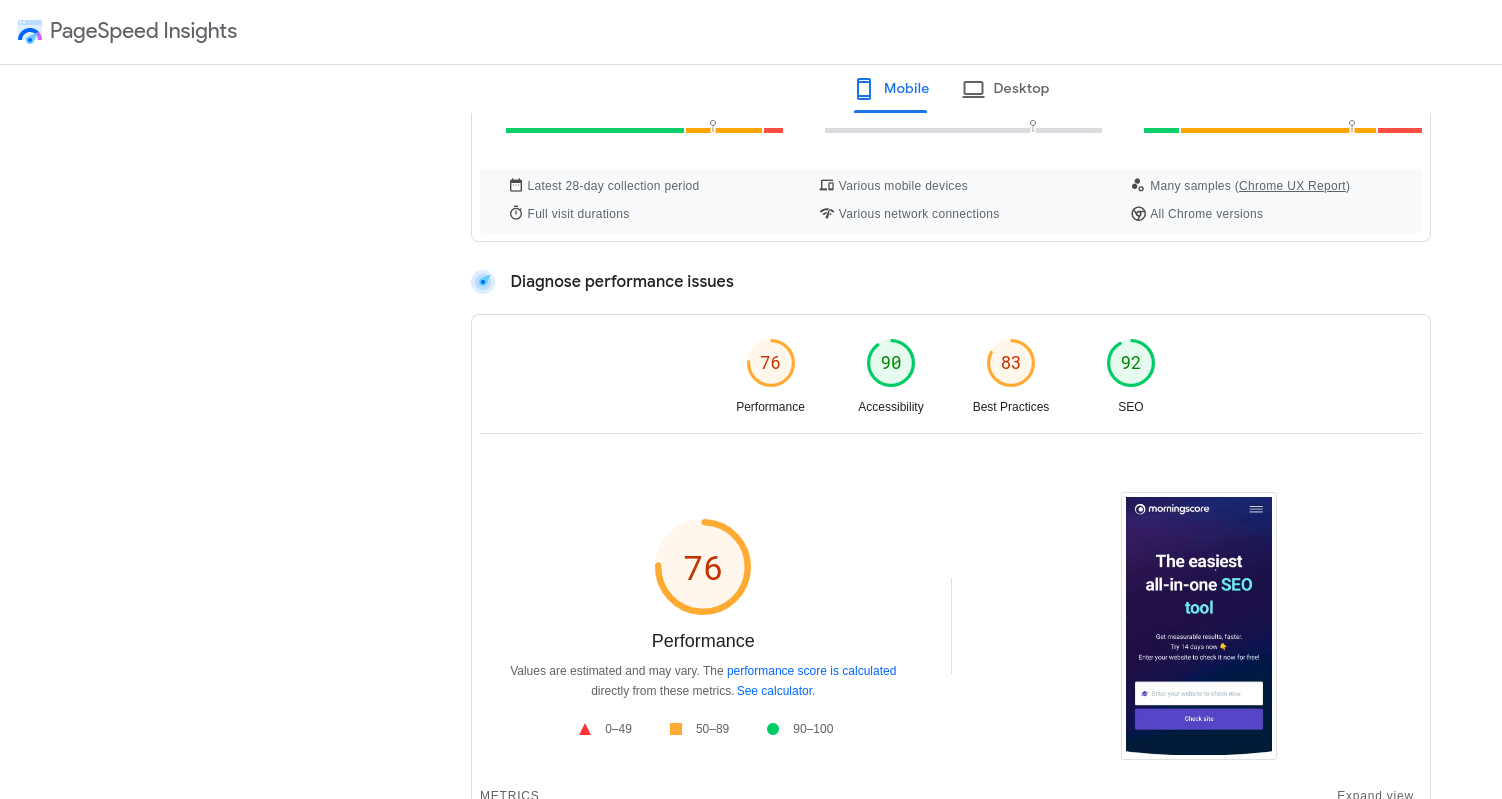 Pagespeed Insights SEO-Metriken-Tool