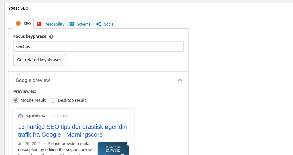 yoast seo dansk test - Morningscore SEO tool