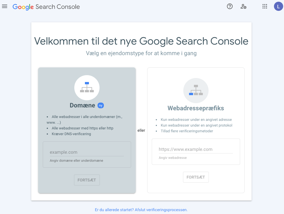 Opret ny ejendom i Search Console