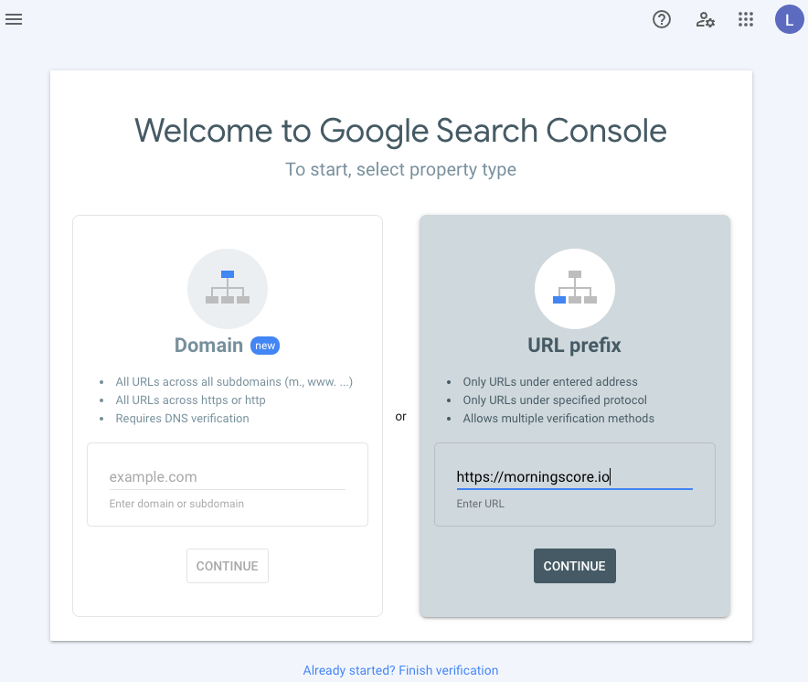 Setting up a Search Console property using URL prefix