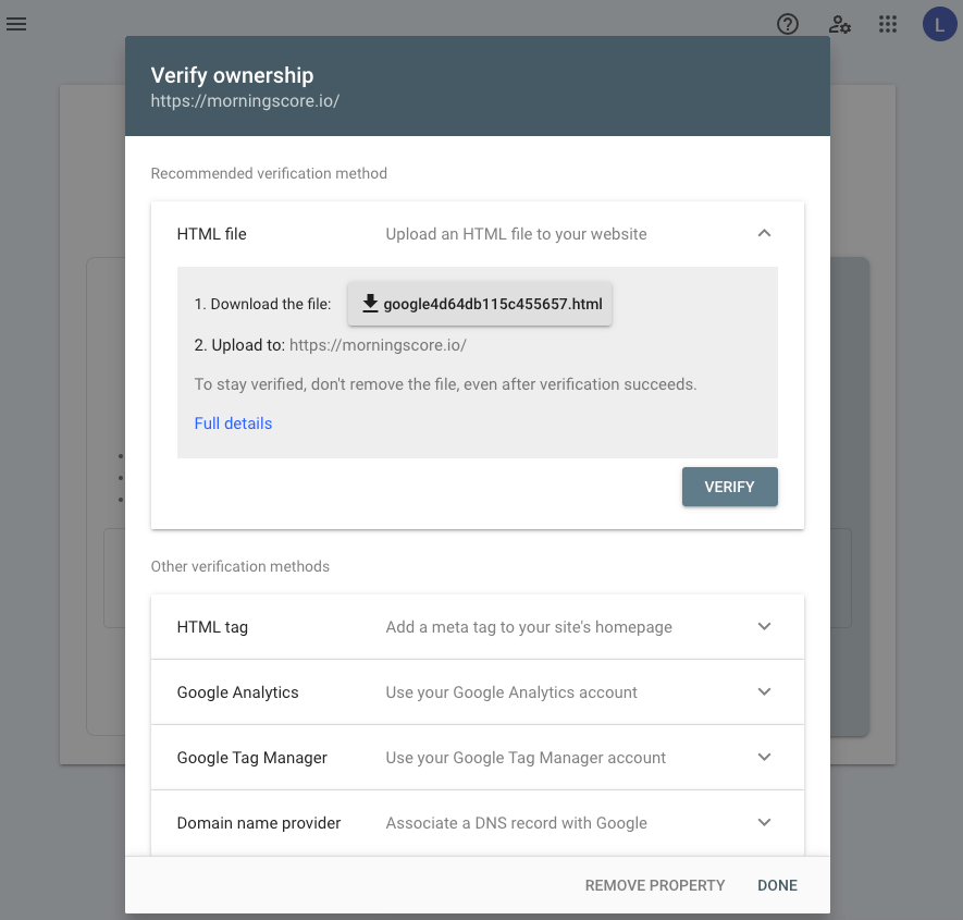 Verifying Search Console property with HTML tag