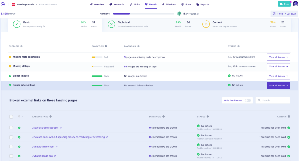 Morningscore's tool for monitoring broken outbound links