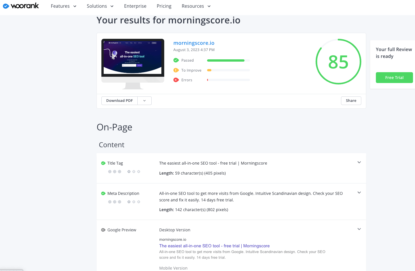 Die Schnittstelle in Woorank, wenn du eine Onpage-Prüfung machst