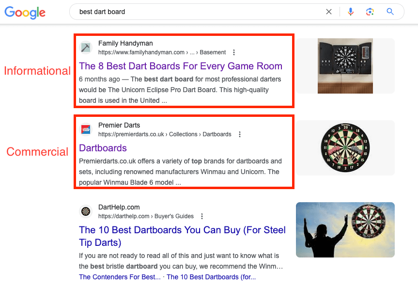Multiple search intents in Google SERP on the keyword "best dart board"