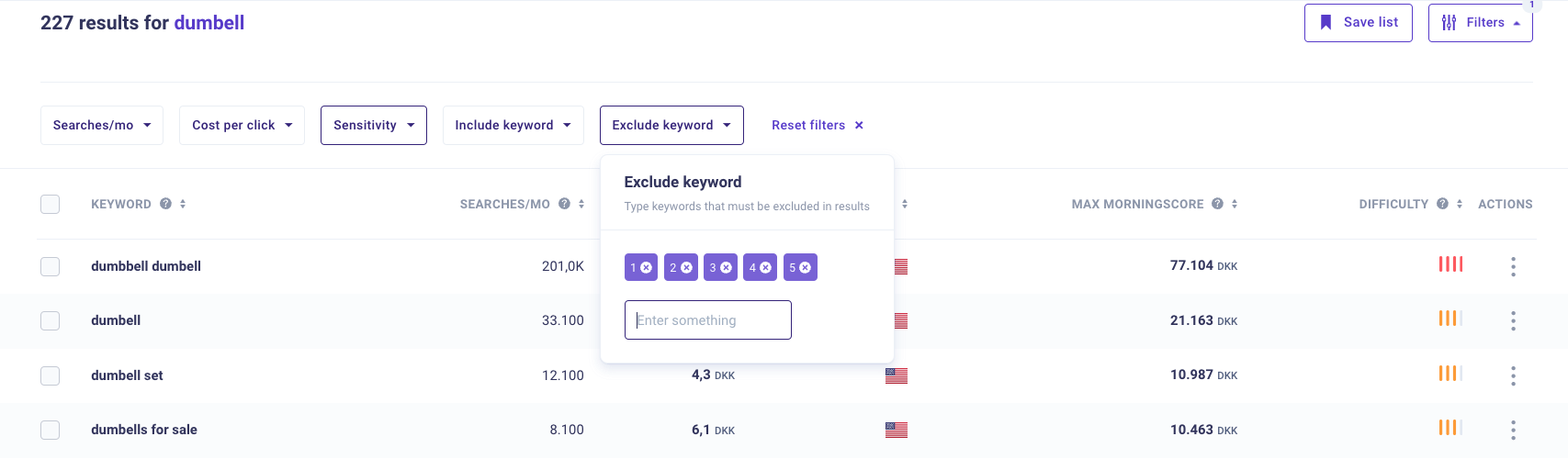 Excluding words from keyword research results