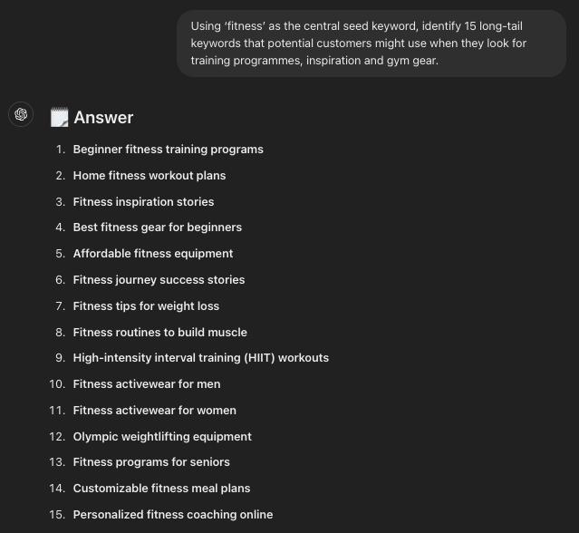 Generating long tail keyword ideas using ChatGPT