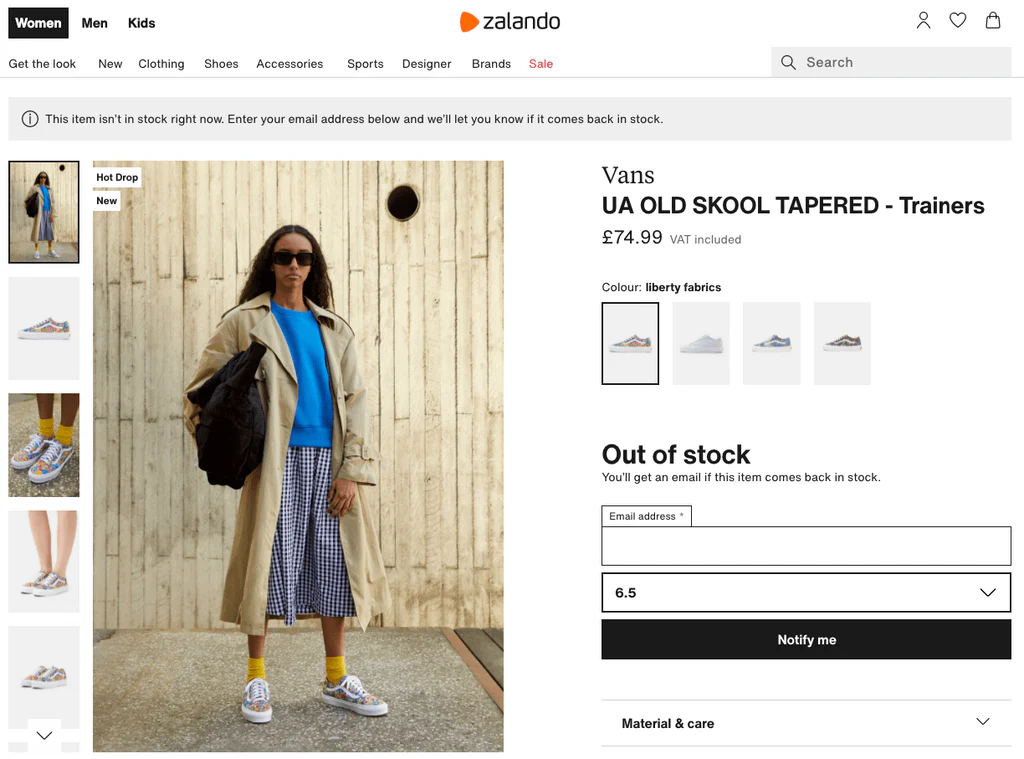 An out of stock product at Zalando
