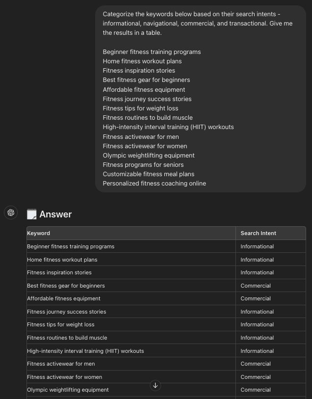 Sort keywords search intent using ChatGPT