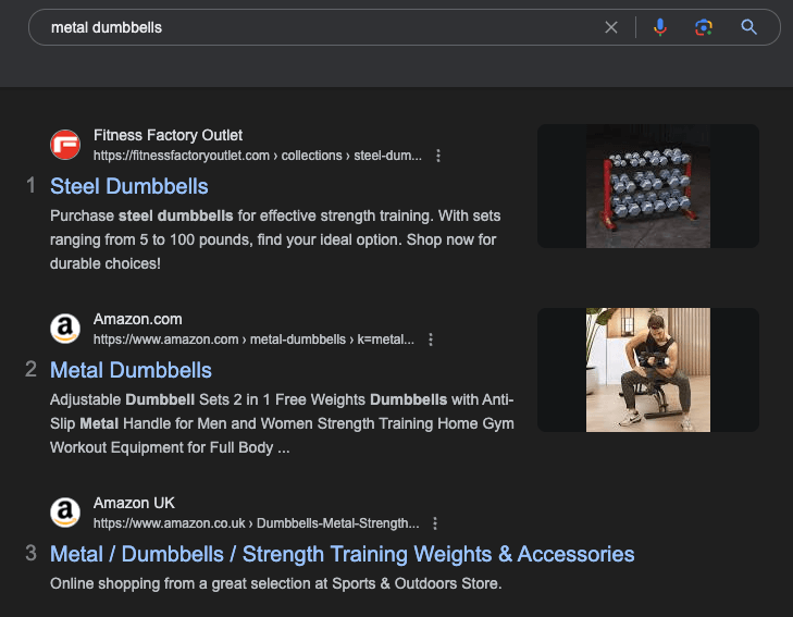 Google search results for metal dumbbells