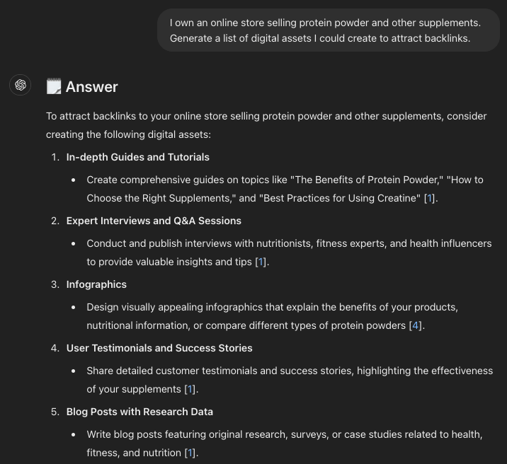 ChatGPT giving ideas for assets to create to attract backlinks