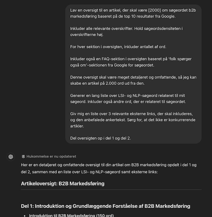 ChatGPT prompt til at skrive en hel artikel
