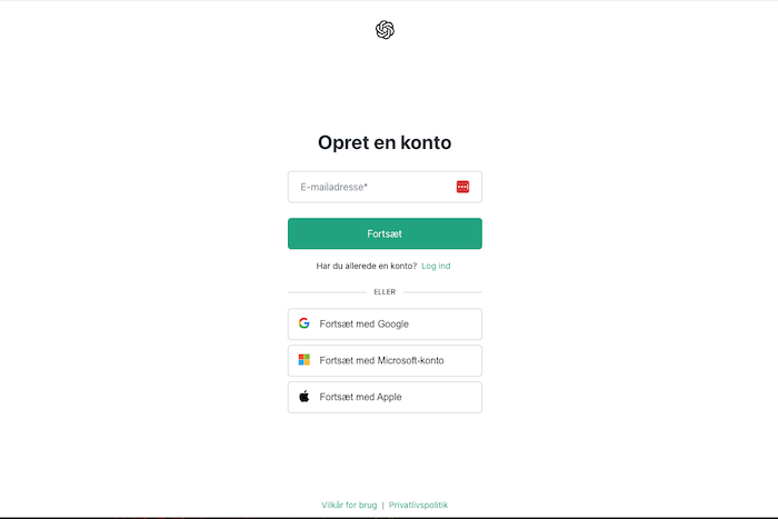 Tilmeld ChatGPT med email
