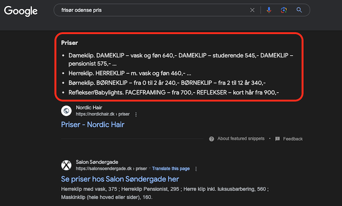 Featured snippet i lokale søgeresultater