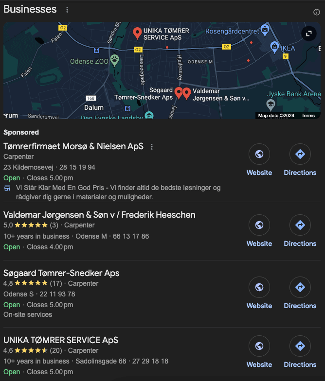 Local Pack visning i Google SERP med lokale tømrerforretninger