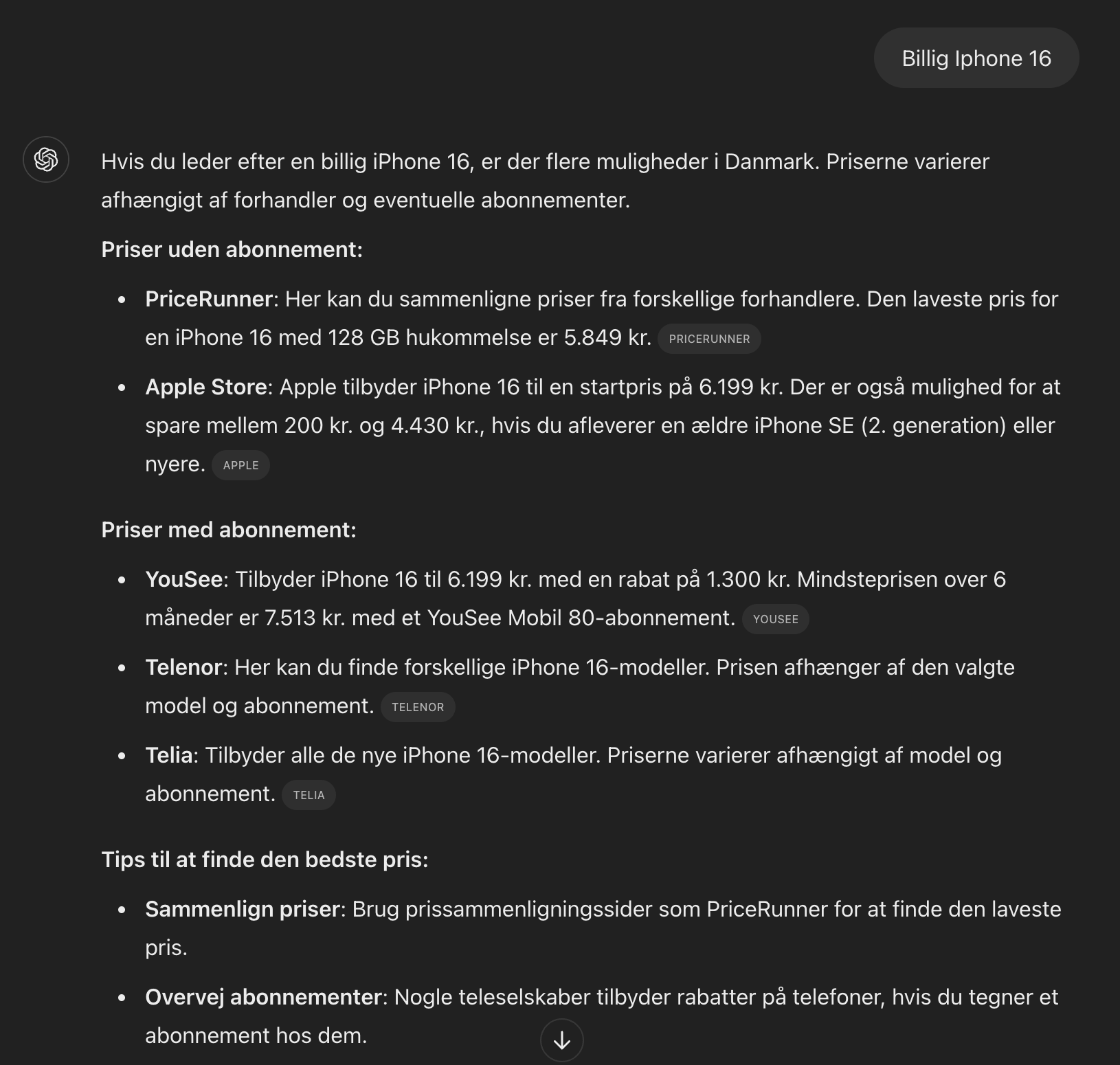SearchGPT søgeresultat for søgning efter Iphone 16