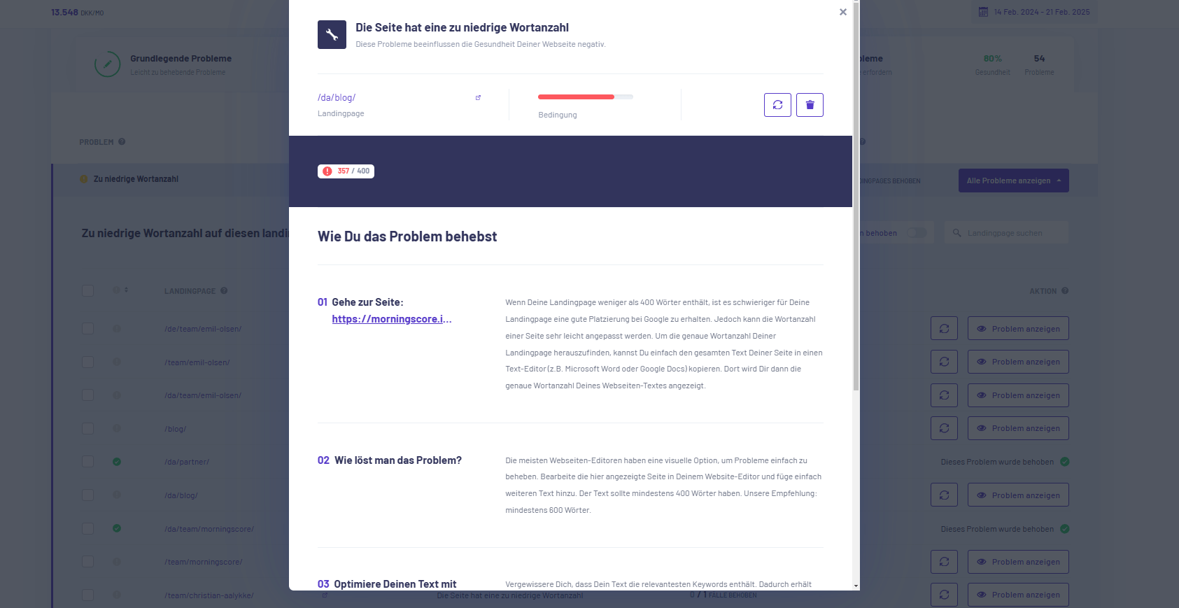 Morninscore guide on short word count