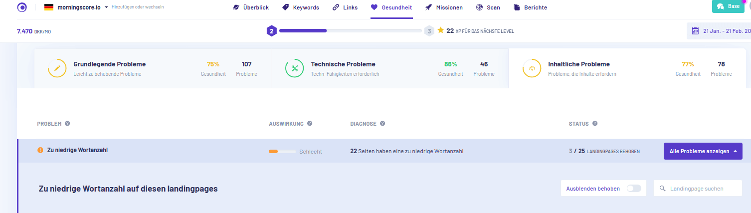 How to find short word counter in morningscore