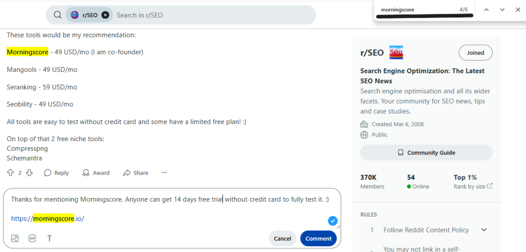reddit comments morningscore backlink 