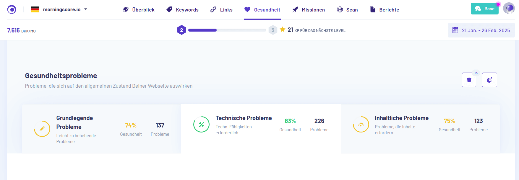 Wie man techniche Probleme in morningscore sieht