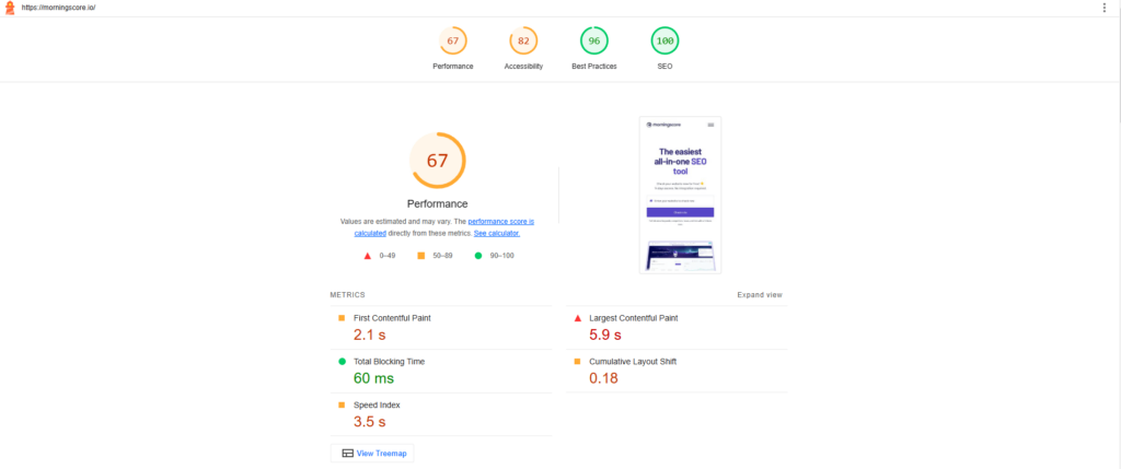 Google lighthouse check of mobile access of a website