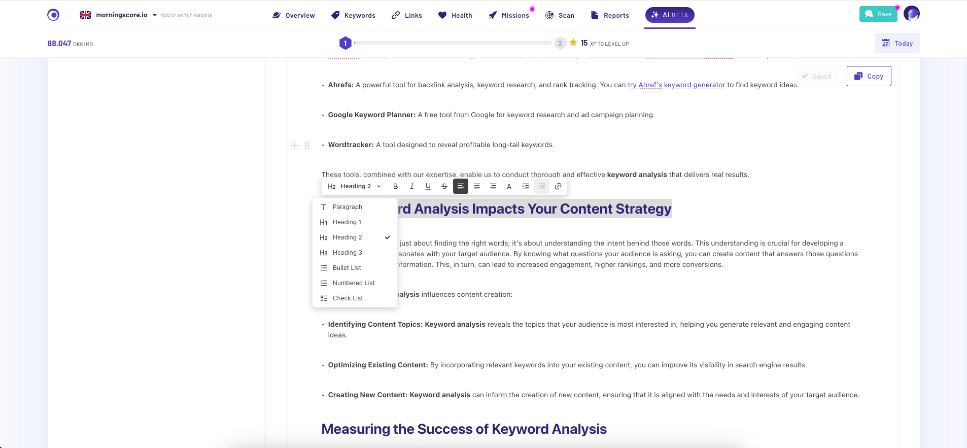 Rank AI editor - Morningscore SEO tool