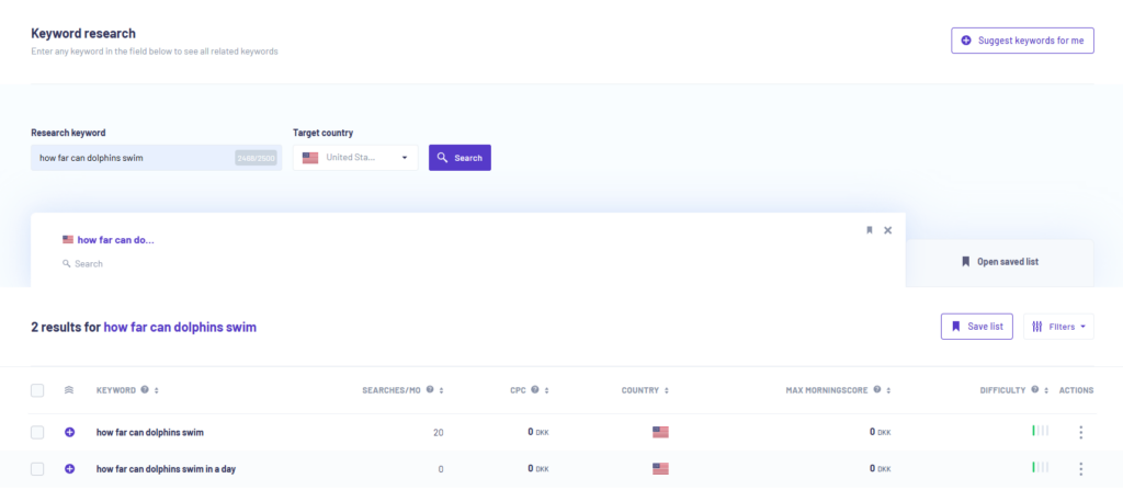 Keyword research in morningscore