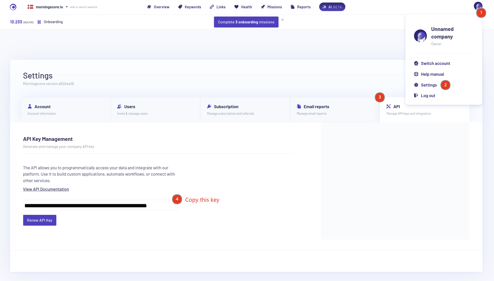 get api key morningscore - Morningscore SEO tool
