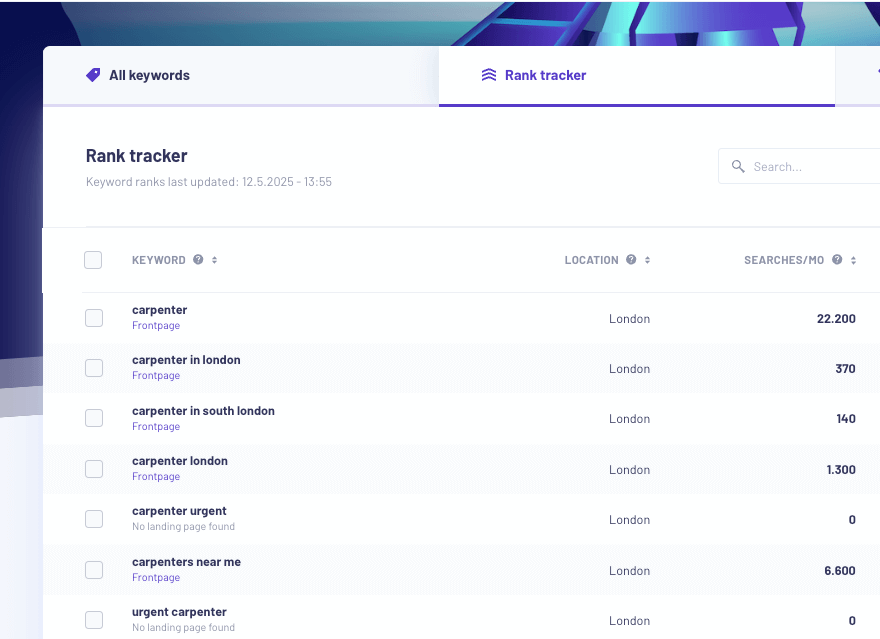 Rank tracker monitoring local carpenter keywords in London