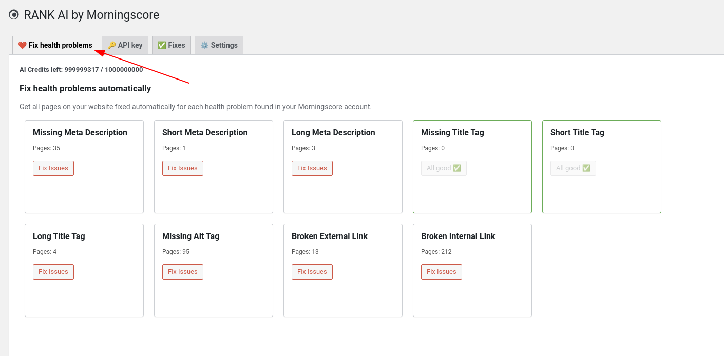 tab health - Morningscore SEO tool