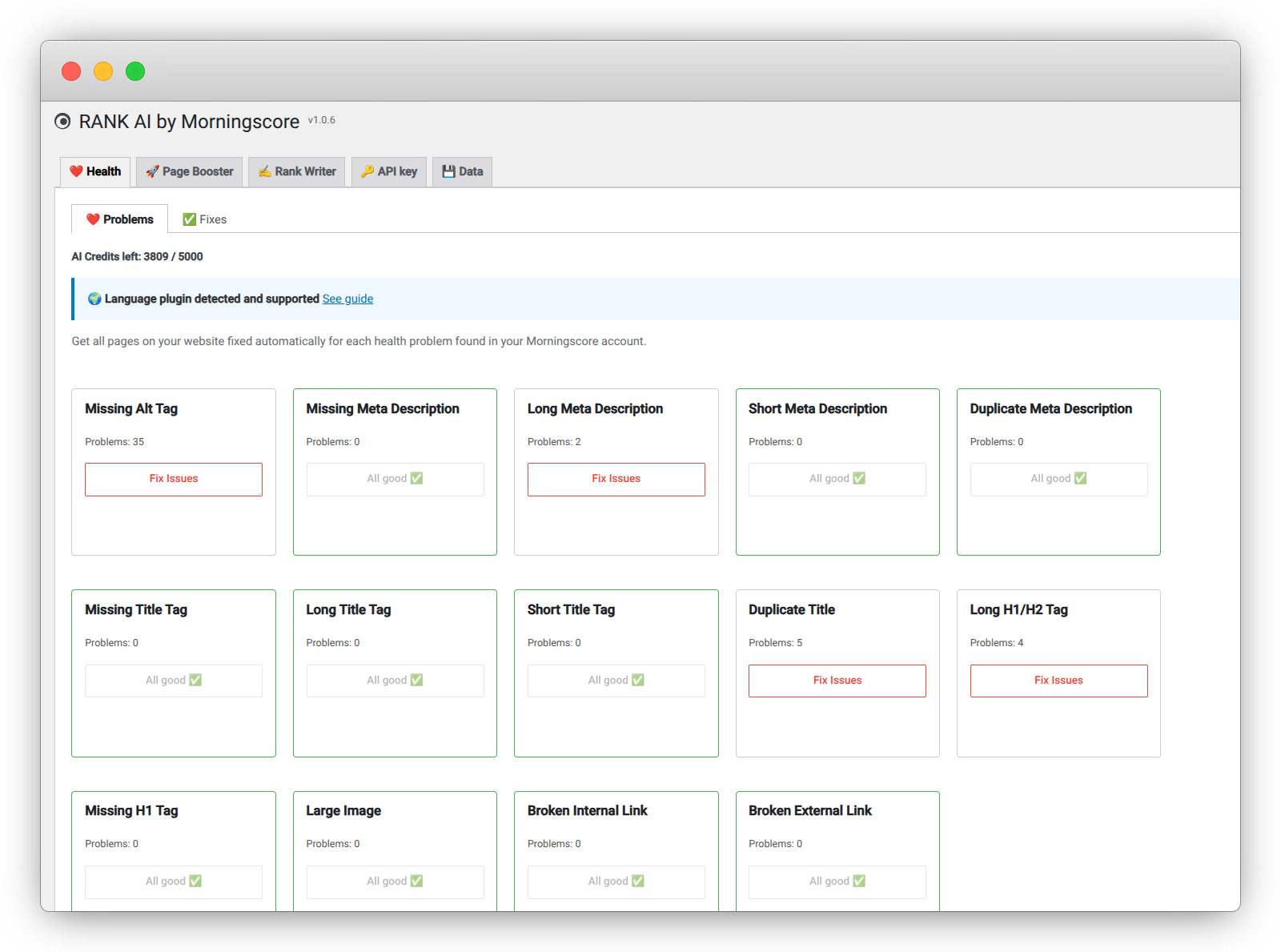 Dashboard of RANK AI WordPress plugin showing various SEO health issues detected for automated fixing.
