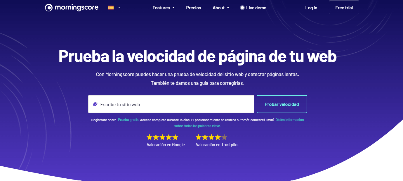 Interfaz de Morningscore para probar la velocidad de página de tu web.