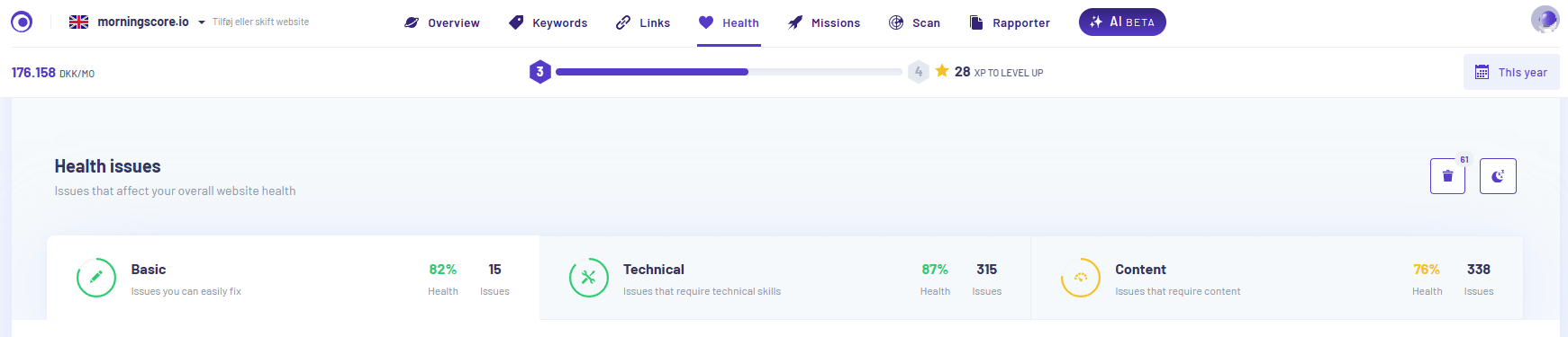 Find where to see internal link issues in morningscore