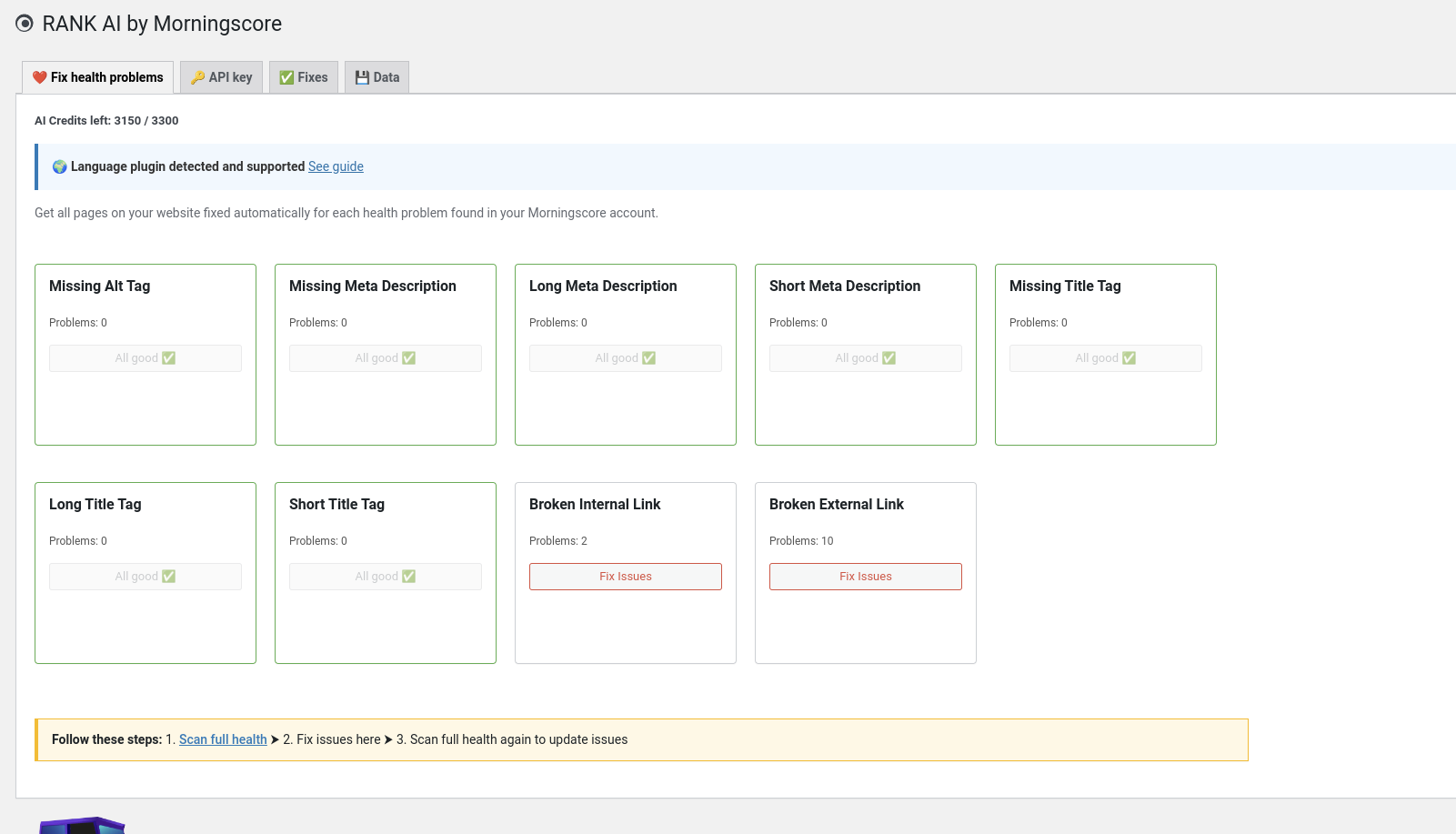 screenshot rank ai wordpress plugin automatically fix onsite issues seo - Morningscore SEO tool